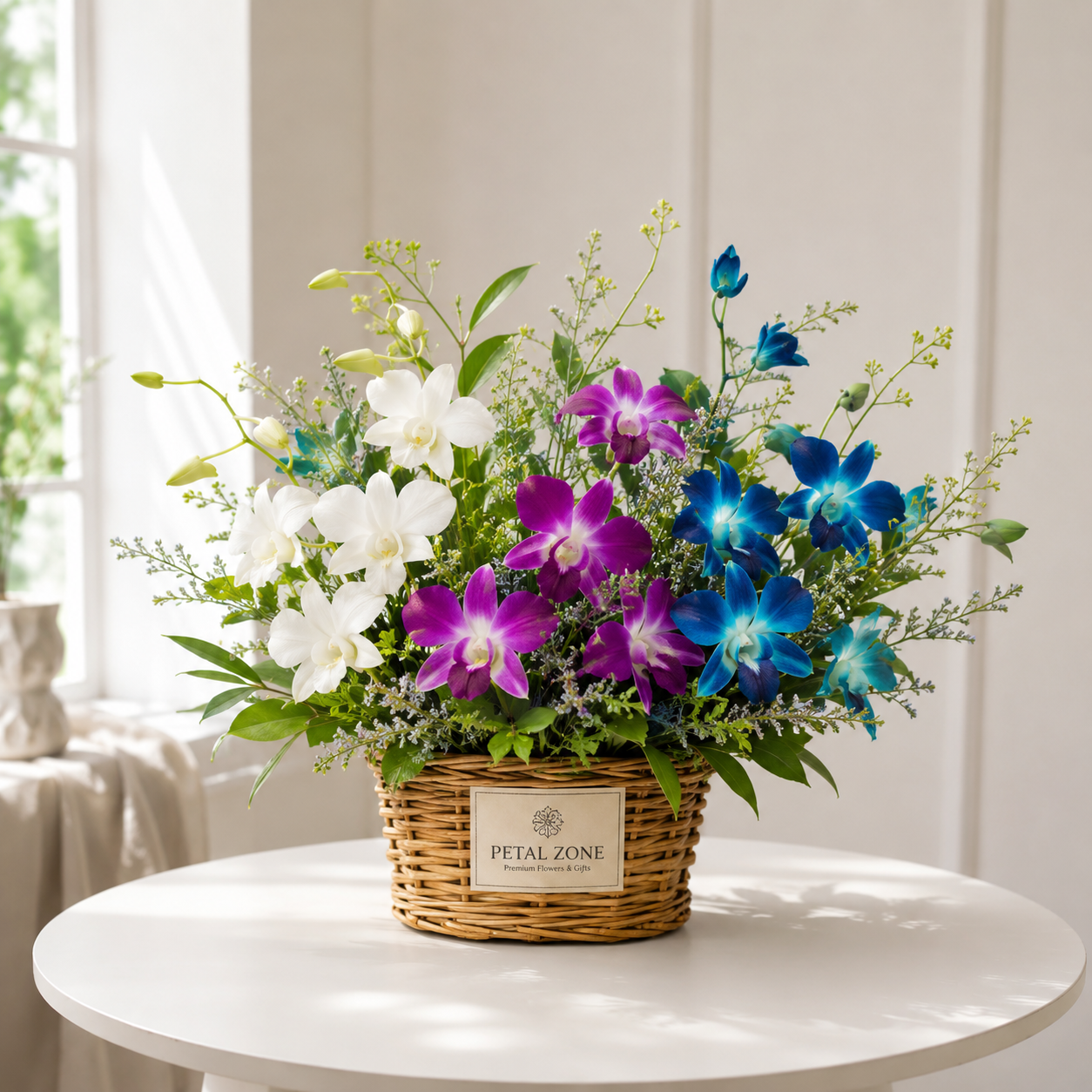 A Trio of Orchid Elegance – 9 Purple, White & Blue Orchids Basket