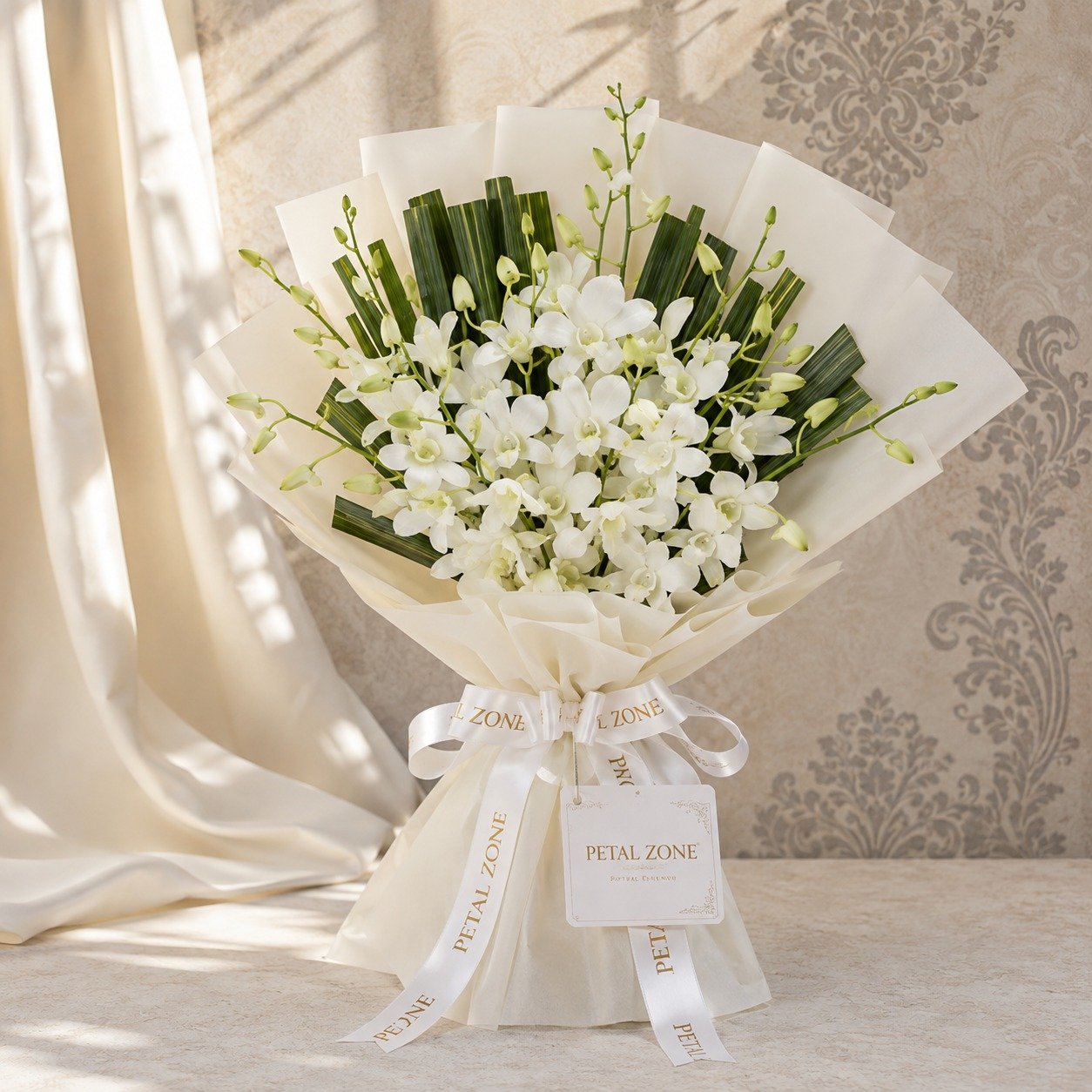 A Symphony of White Serenity – 20 White Orchids One-Sided Bouquet