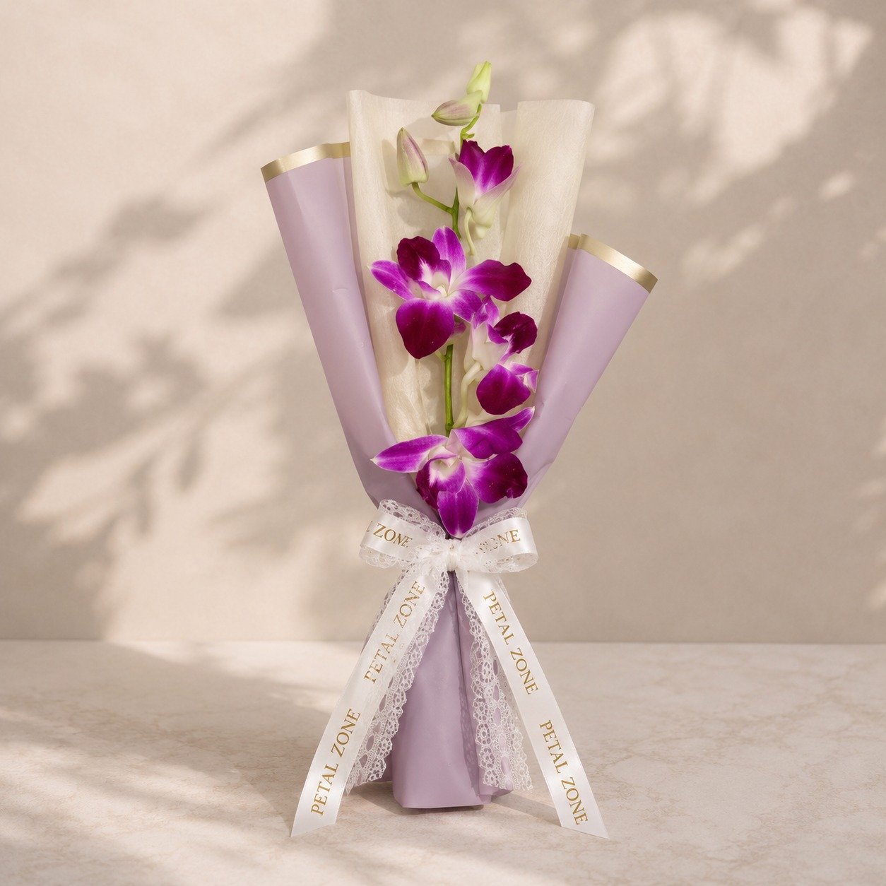 Petals of Royal Charm – 5 Purple Orchids One-Sided Bouquet