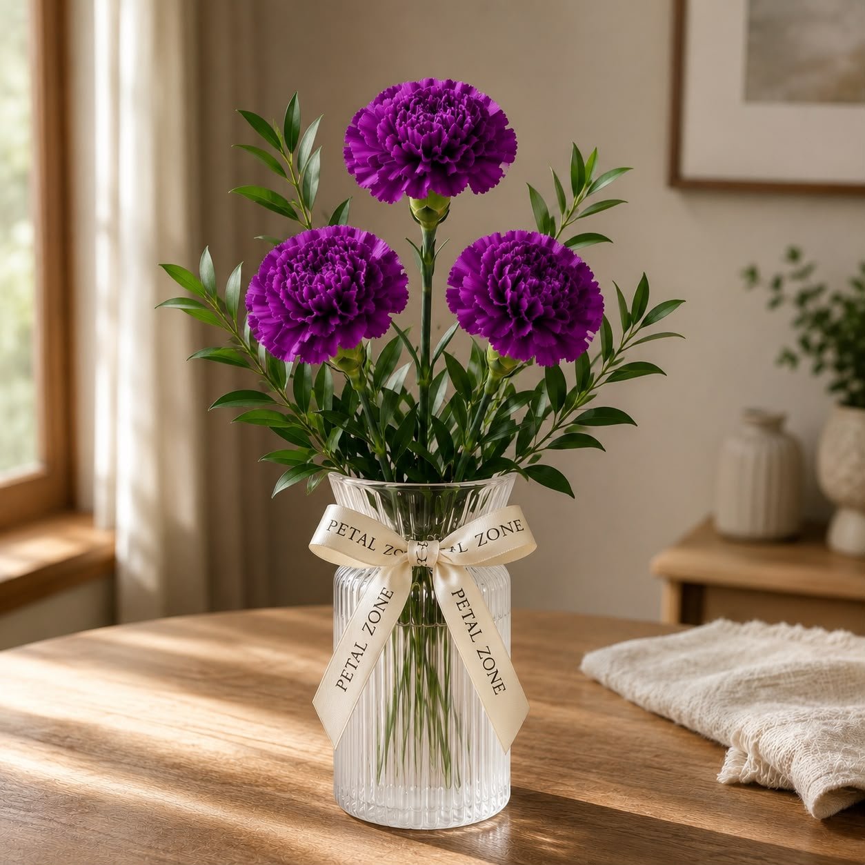 Three Blooms of Elegance – 3 Purple Carnations Vase