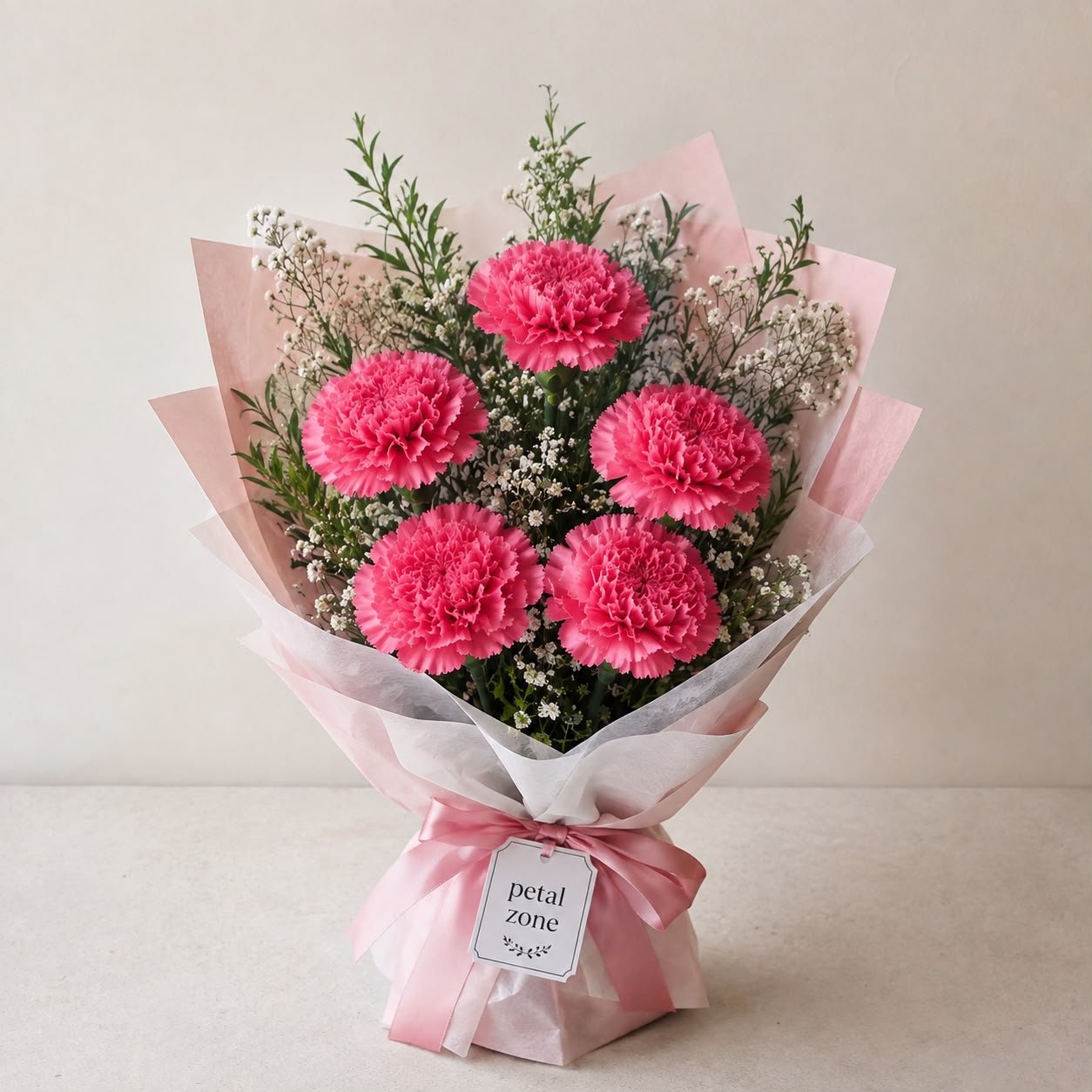 Rich Petals of Affection – 5 Dark Pink Carnations Flat Bouquet