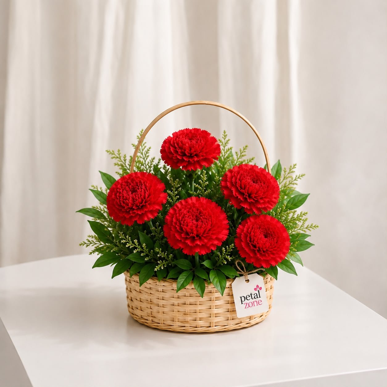 A Basket of Scarlet Romance – 5 Red Carnations Basket