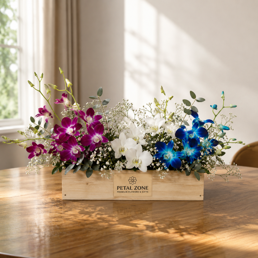 A Trio of Timeless Blooms – 9 Purple, White & Blue Orchids Wooden Tray