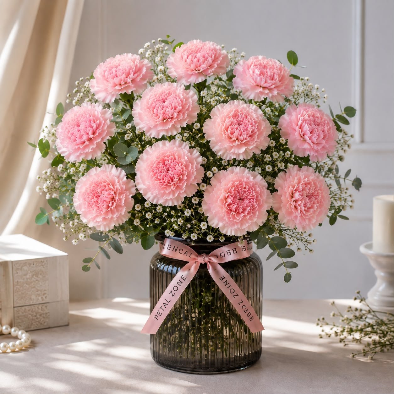 A Dozen Petals of Affection – 12 Pink Carnations Vase