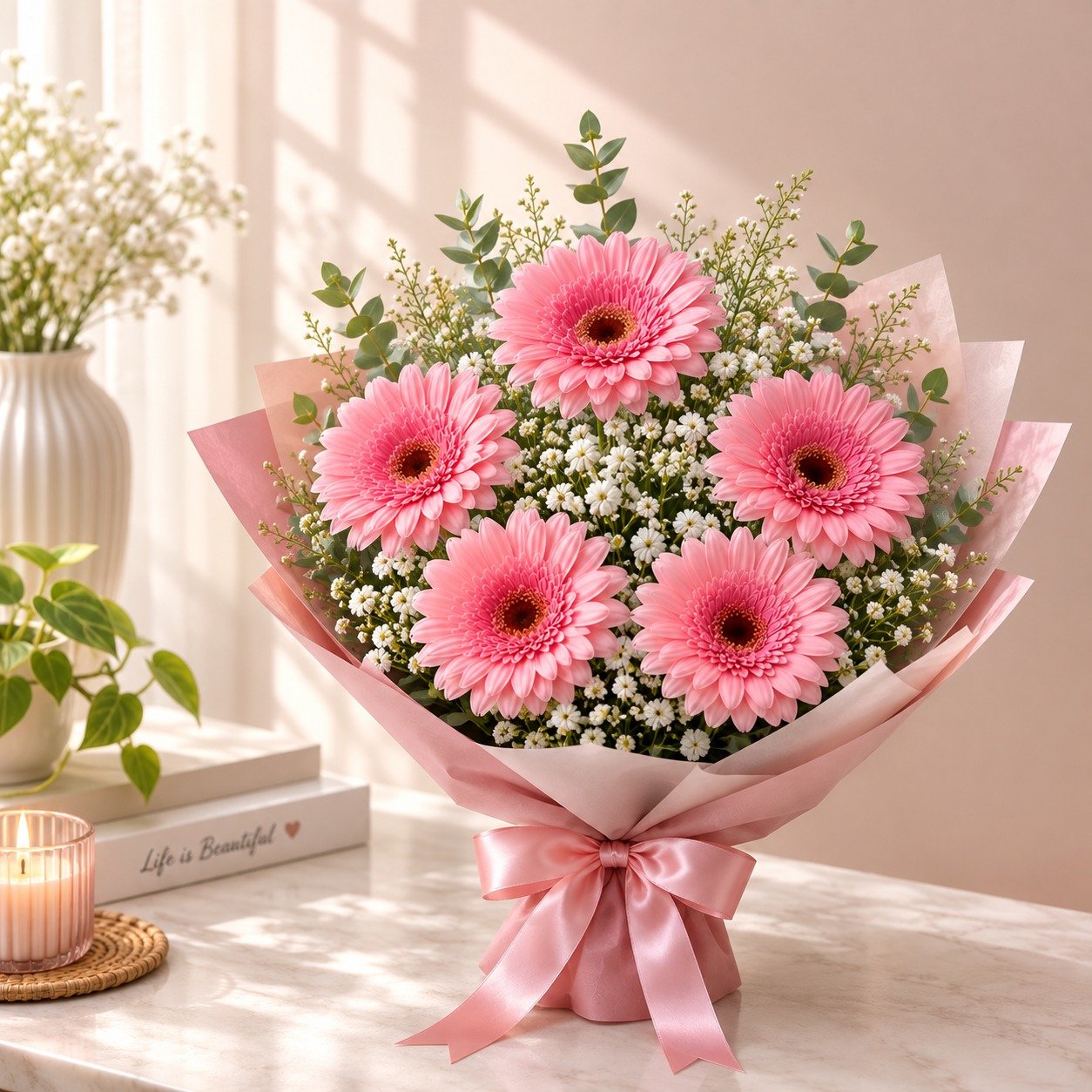 Blush Petals of Joy – 5 Pink Gerberas Flat Bouquet