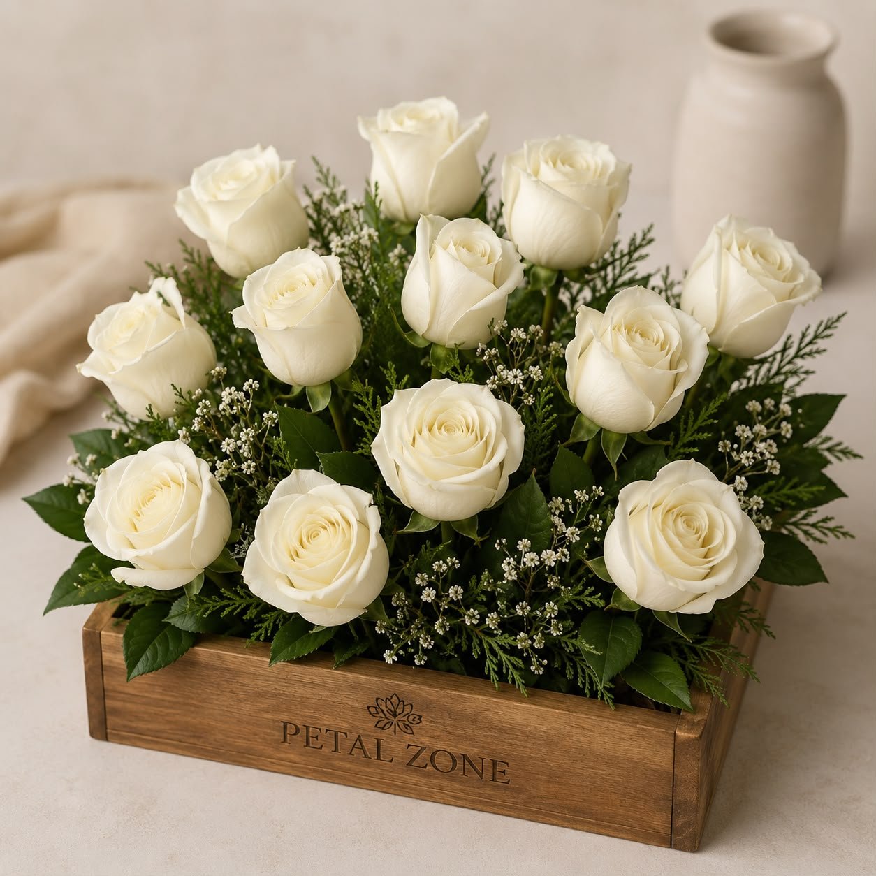 A Dozen Moments of Grace – 12 White Roses Wooden Tray