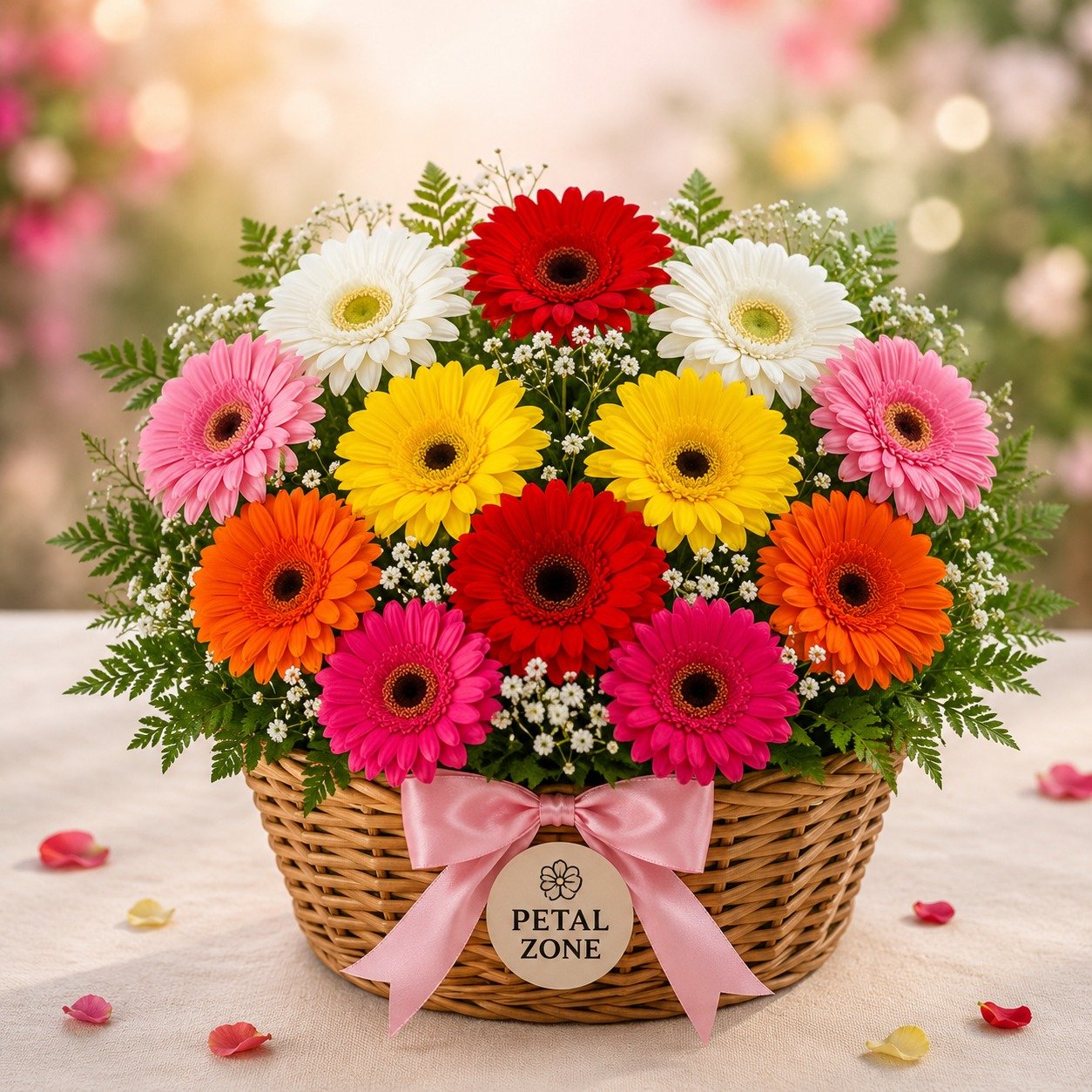 A Rainbow of Petals – 12 Multicolour Gerberas Basket