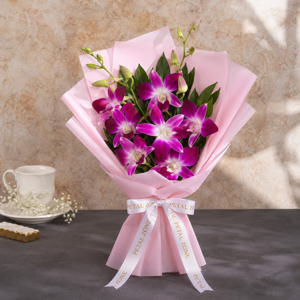 A Cascade of Purple Elegance – 10 Purple Orchids One-Sided Bouquet
