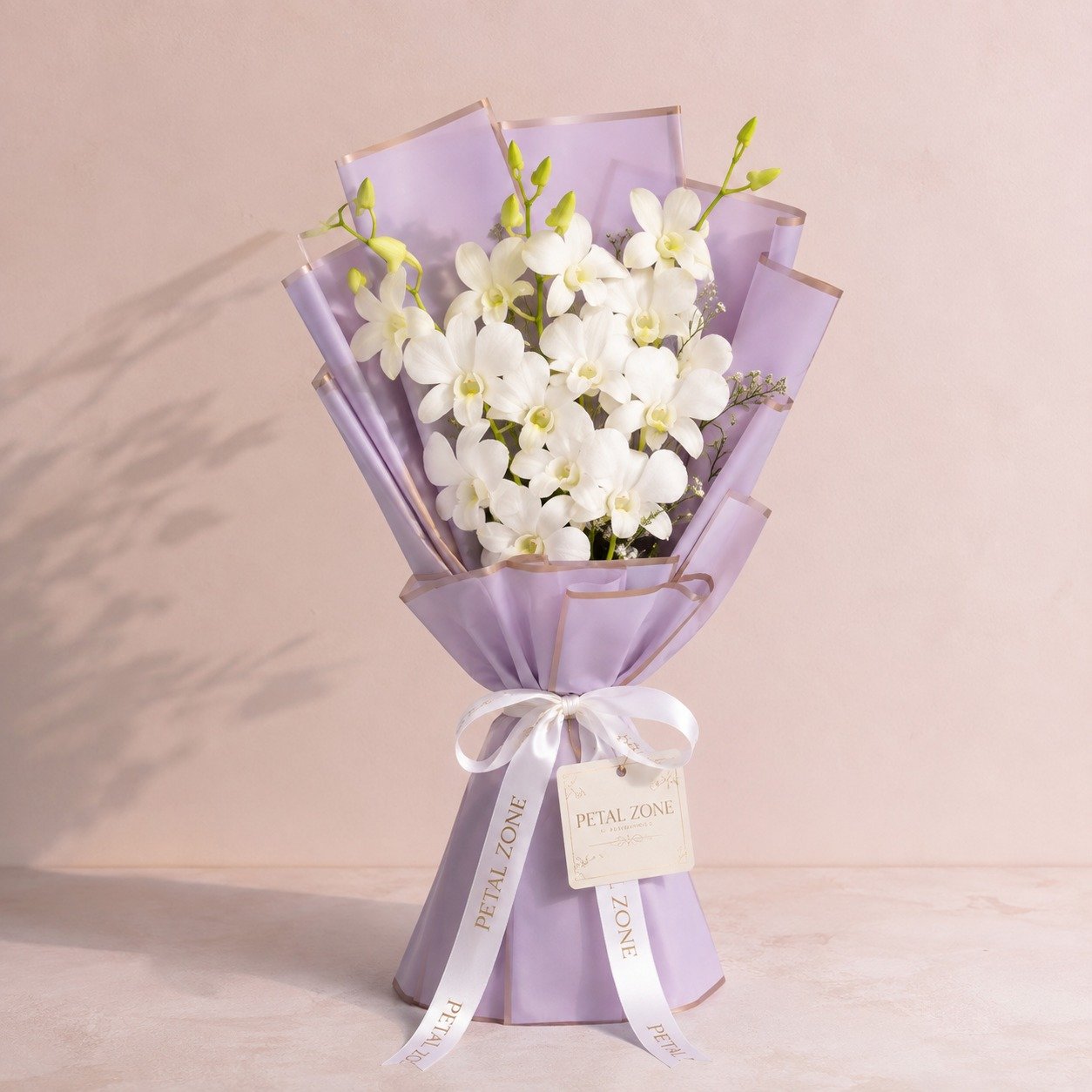 A Cascade of Ivory Grace – 10 White Orchids One-Sided Bouquet