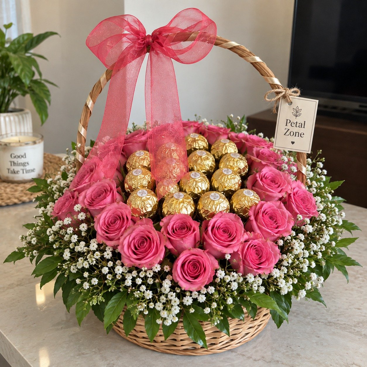 Golden Basket Delight – Ferrero Rocher Basket Bouquet