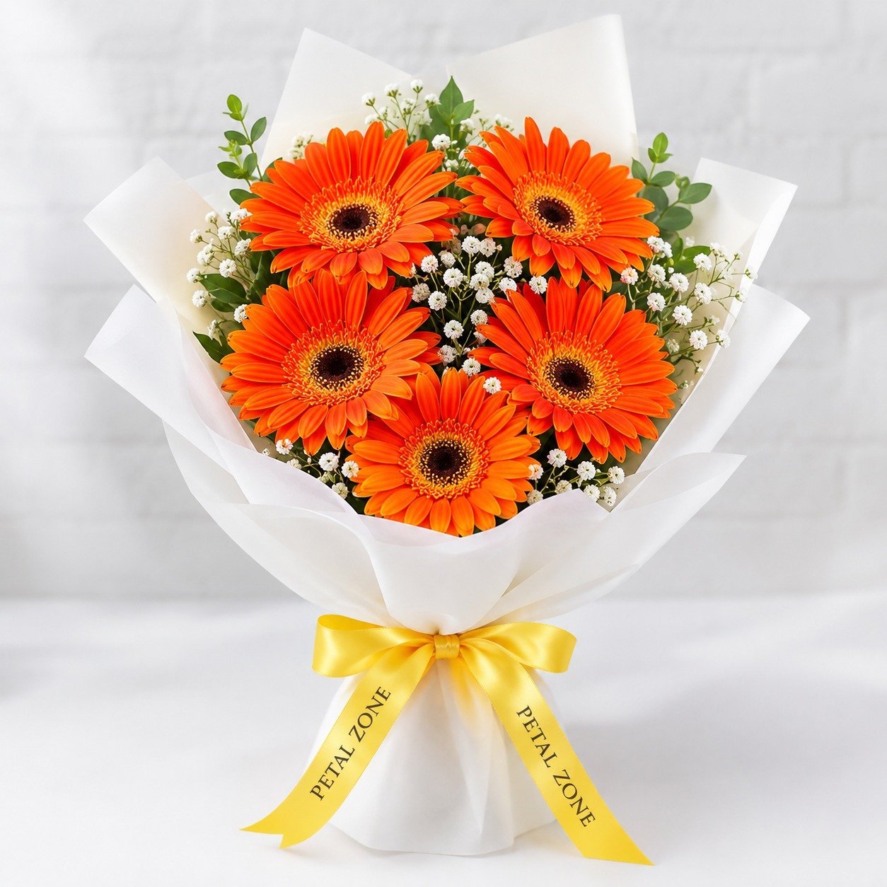 Tangerine Petals of Joy – 5 Orange Gerberas Flat Bouquet
