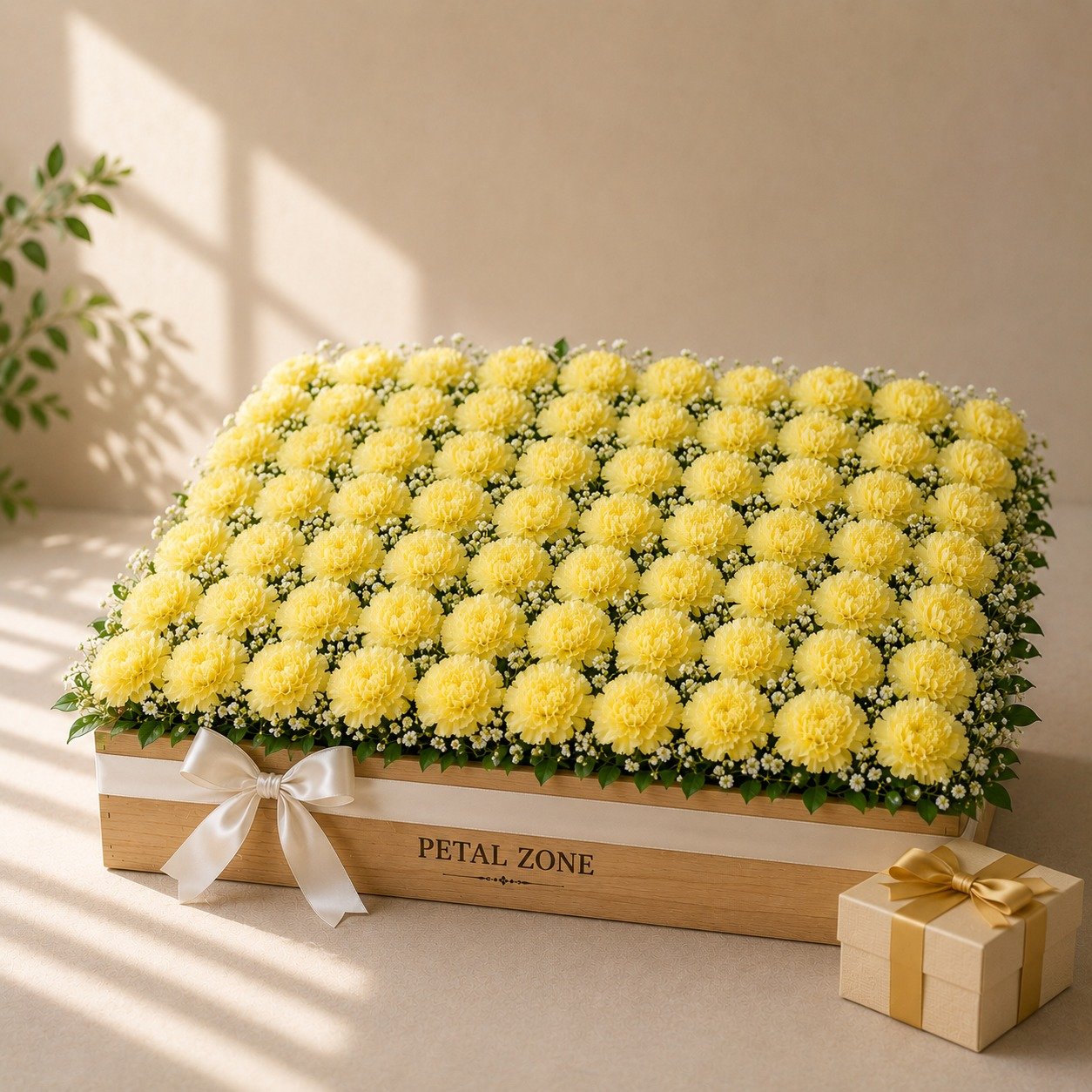 A Trayful of Sunshine – 50 Yellow Carnations Wooden Tray