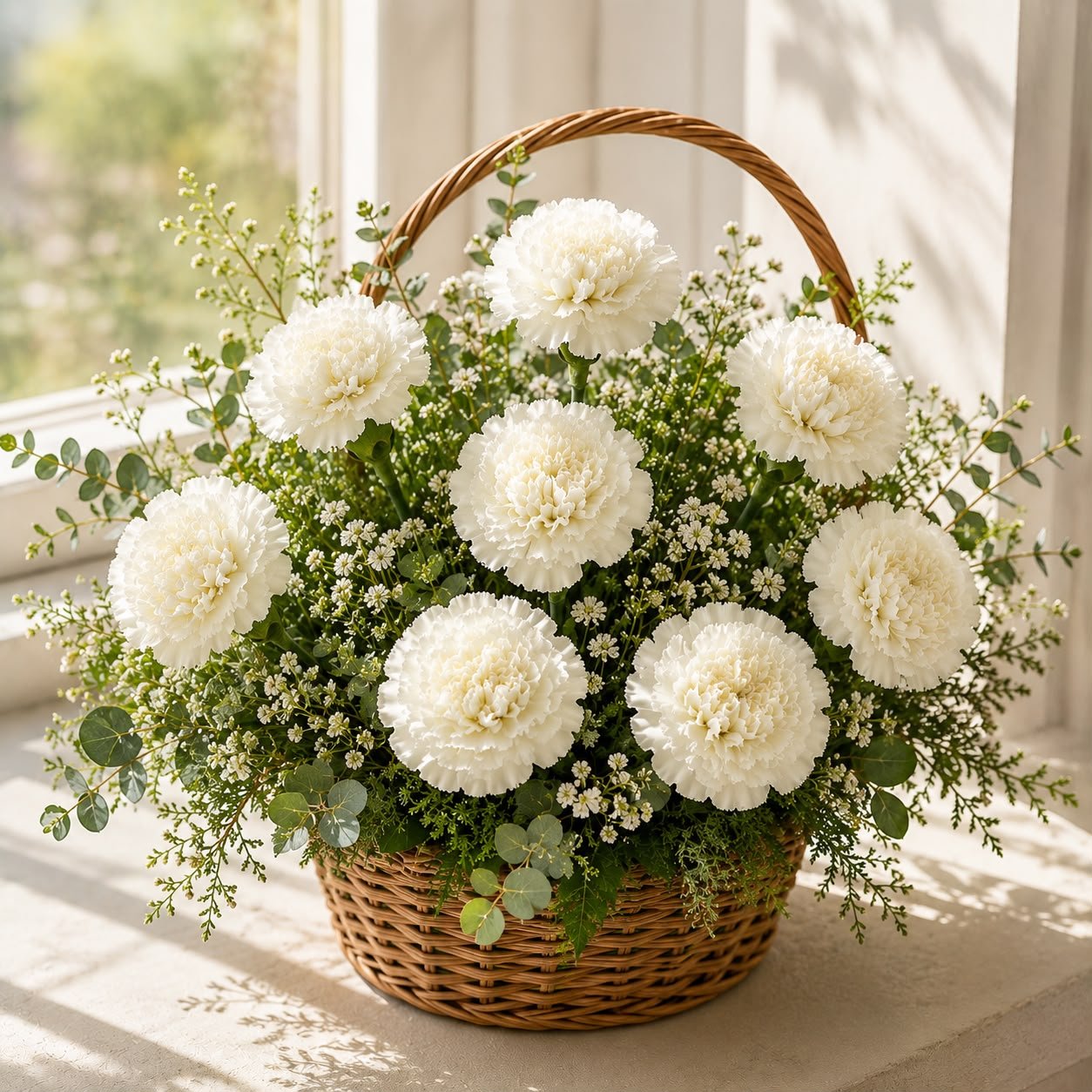 A Basket of Pure Grace – 8 White Carnations Basket