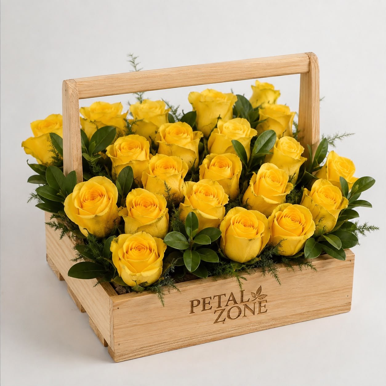 Eighteen Blooms of Sunshine – 18 Yellow Roses Wooden Tray
