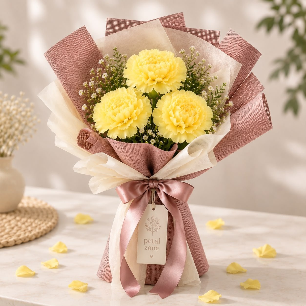 Three Blooms of Happiness – 3 Yellow Carnations Flat Bouquet