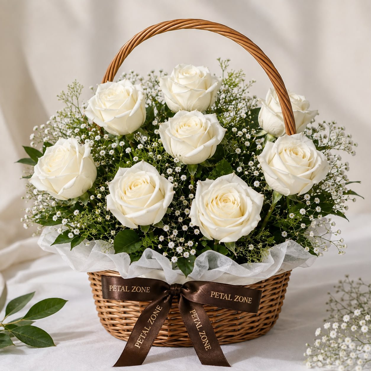 Elegant Fresh 8 White Roses Flower Basket Bouquet