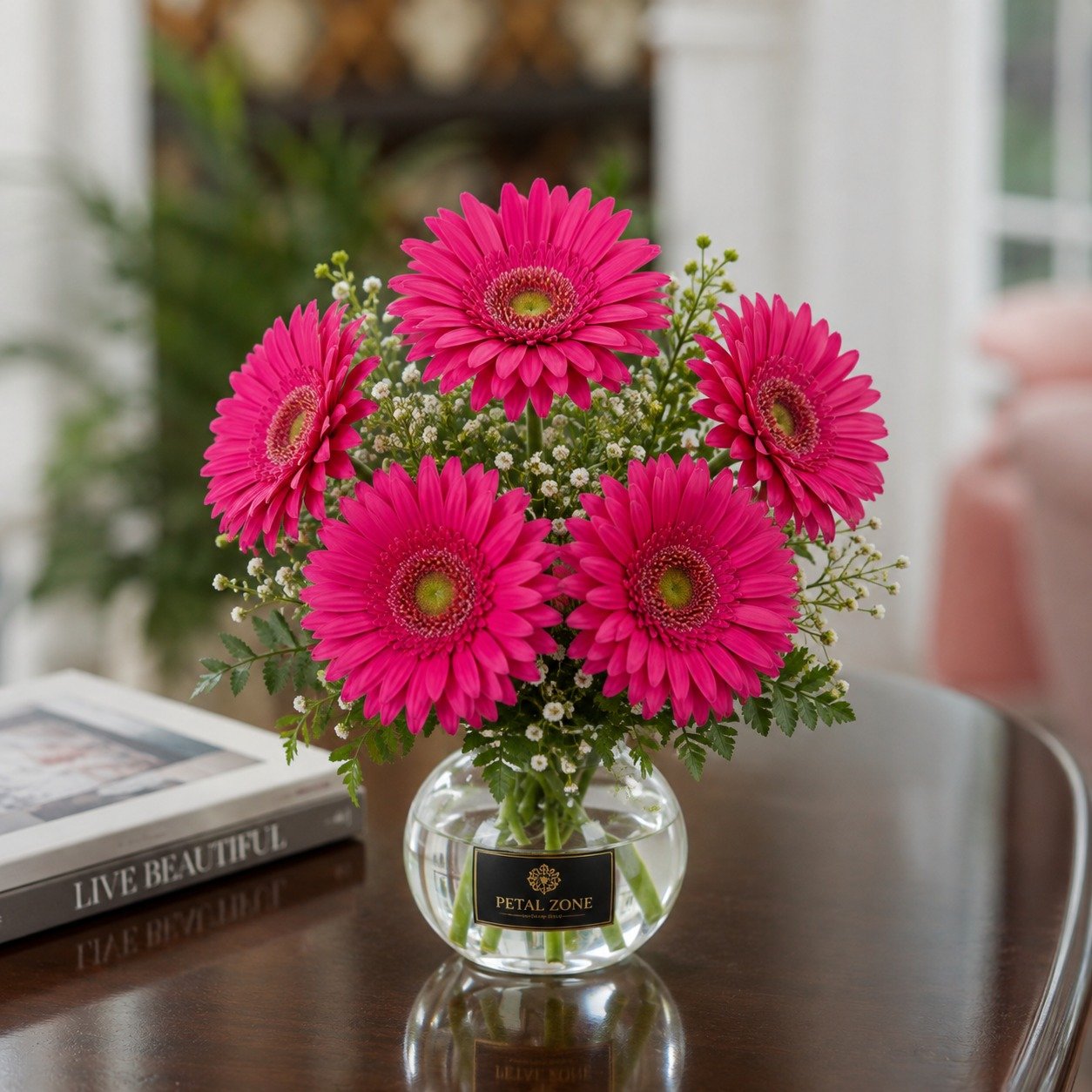 Velvet Petals of Affection – 5 Dark Pink Gerberas Vase