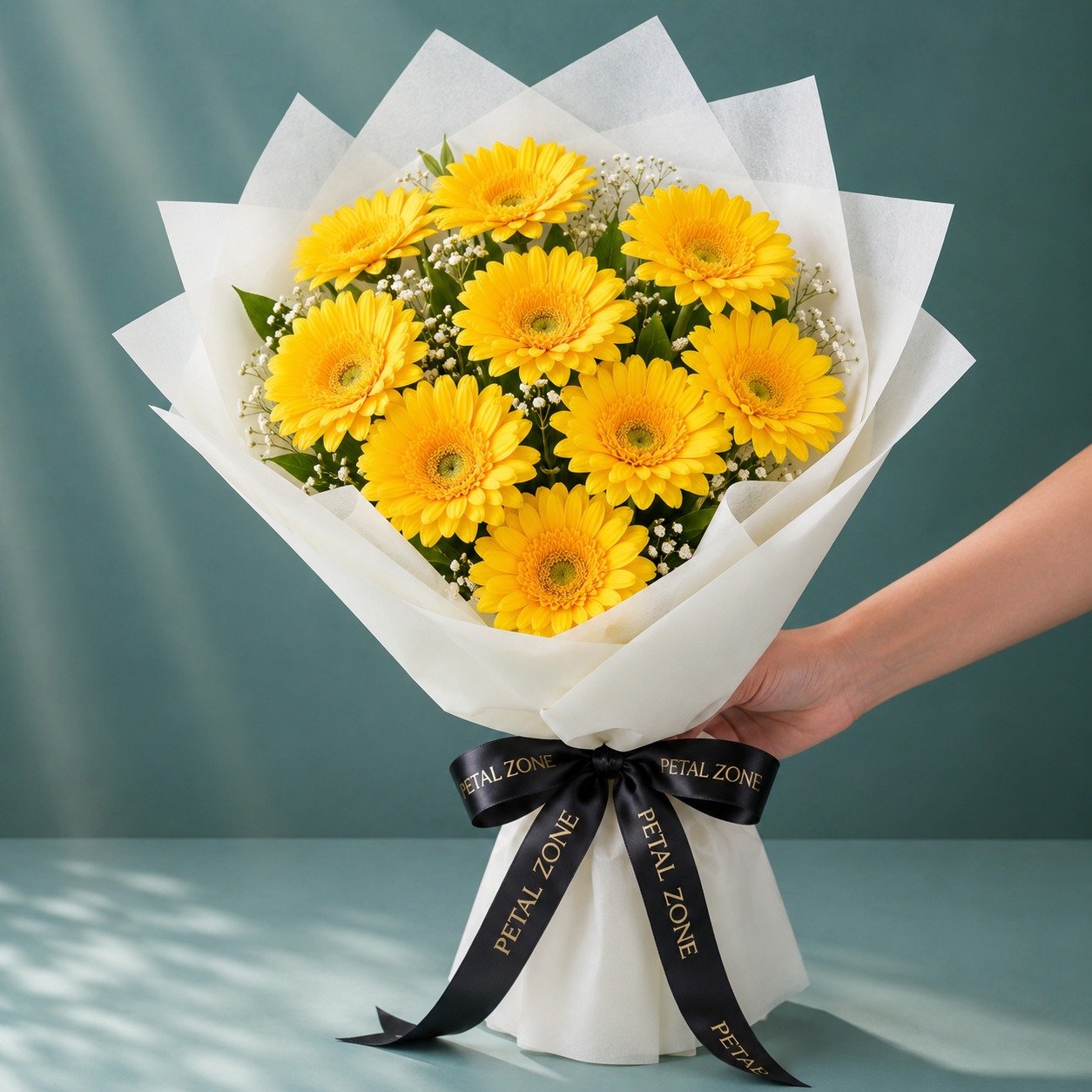 A Bouquet of Golden Cheer – 10 Yellow Gerberas Flat Bouquet