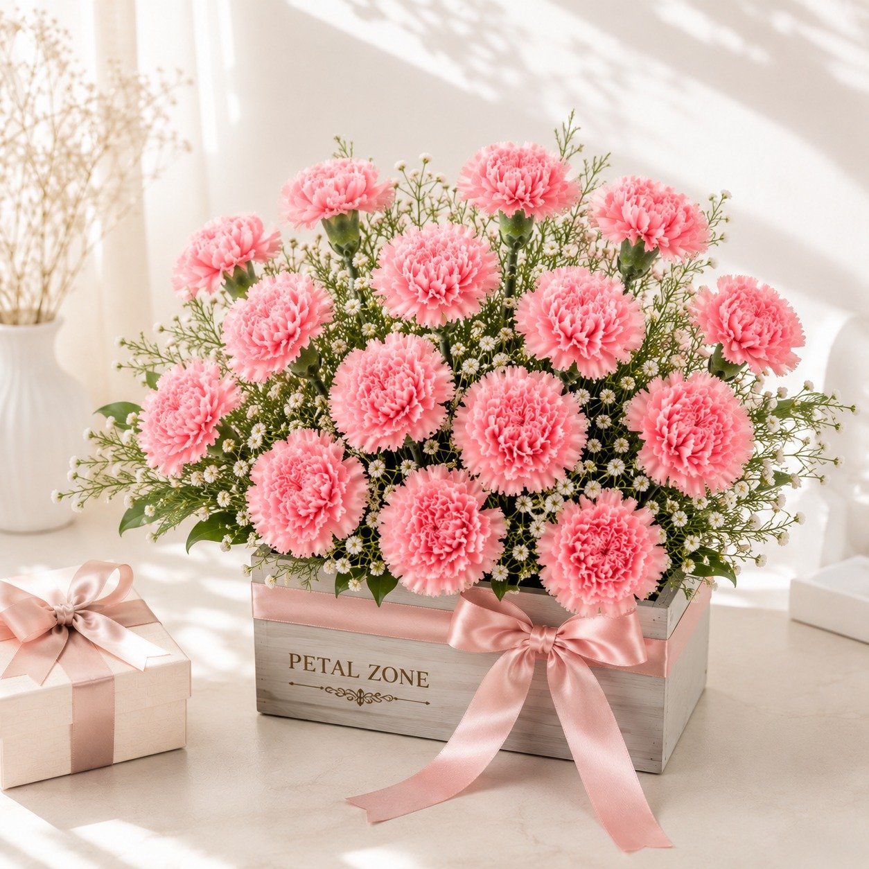 A Dozen Petals of Affection – 12 Pink Carnations Wooden Tray