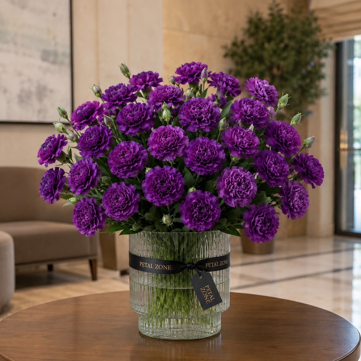 A Garden of Purple Dreams – 25 Purple Carnations Vase