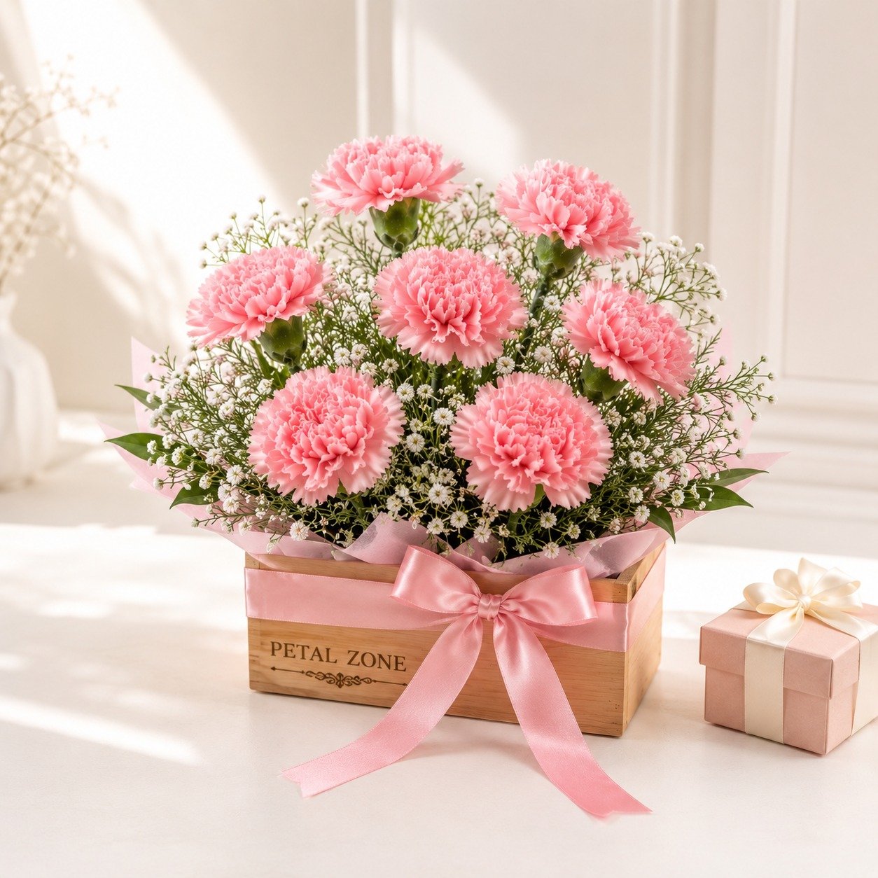 Blush Charm on Wood – 8 Pink Carnations Wooden Tray