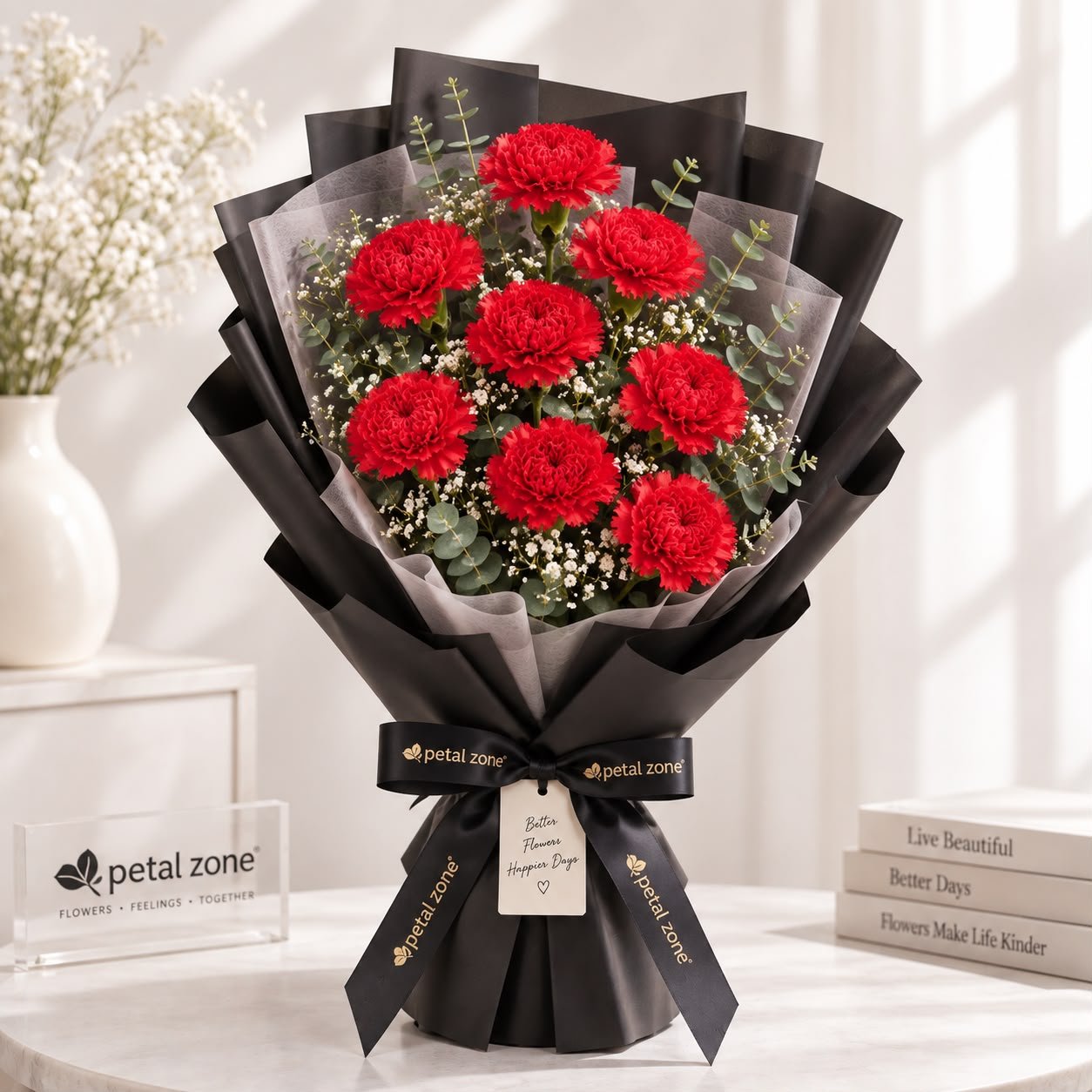 Crimson Charm in Bloom – 8 Red Carnations Flat Bouquet