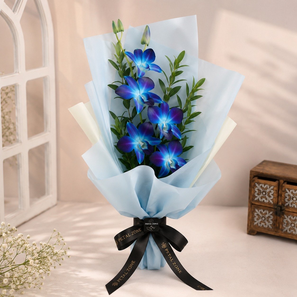 Whispers of Blue Elegance – 5 Blue Orchids One-Sided Bouquet
