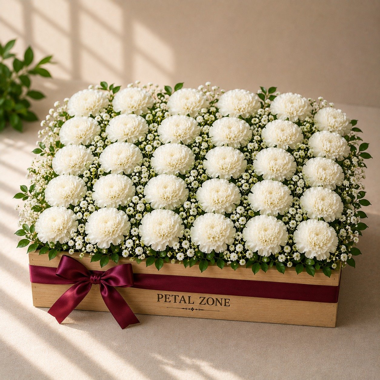 A Garden of White Grace – 25 White Carnations Wooden Tray
