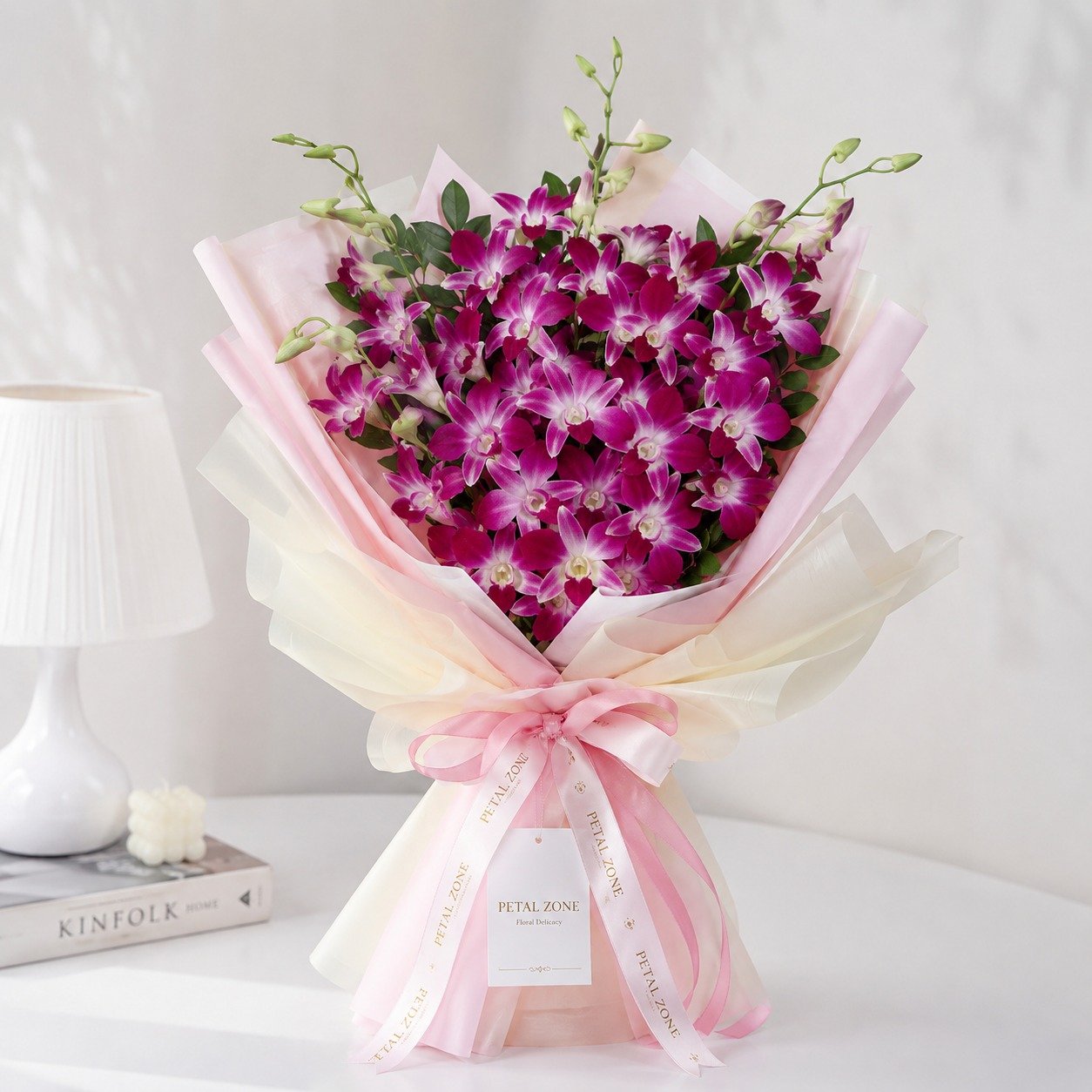 A Symphony of Violet Luxury – 20 Purple Orchids One-Sided Bouquet