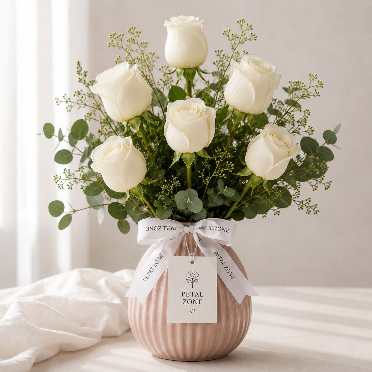 Elegant Fresh 5 White Rose Flower Vase