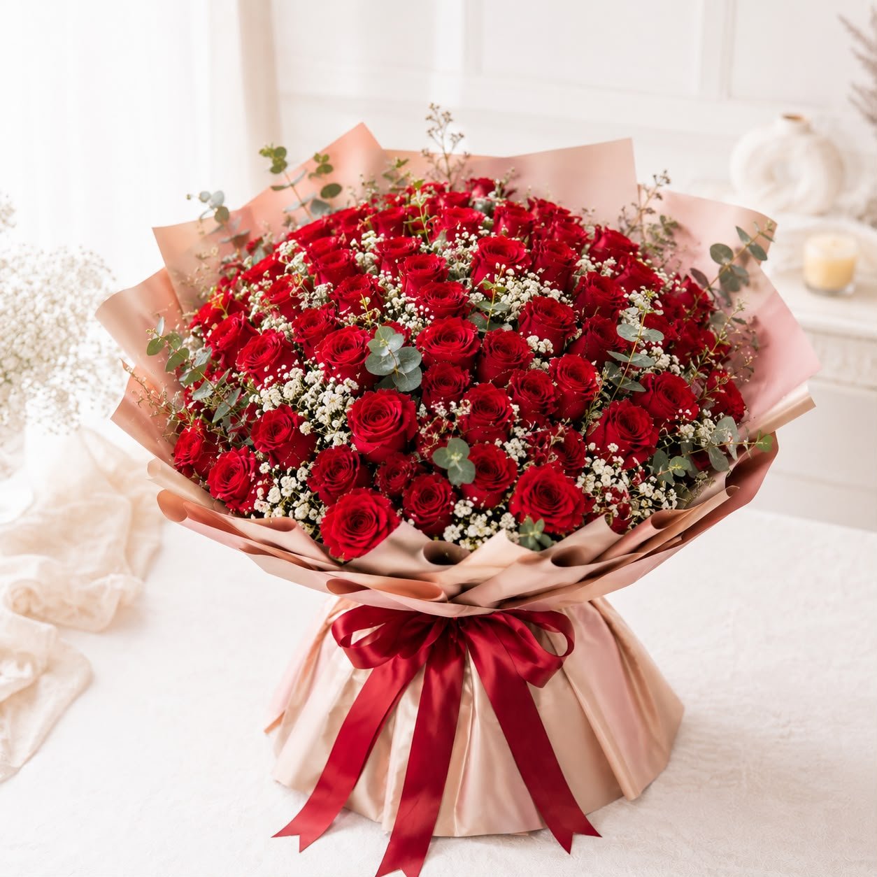 Elegant Fresh 50 Red Roses Flower Flat Bouquet