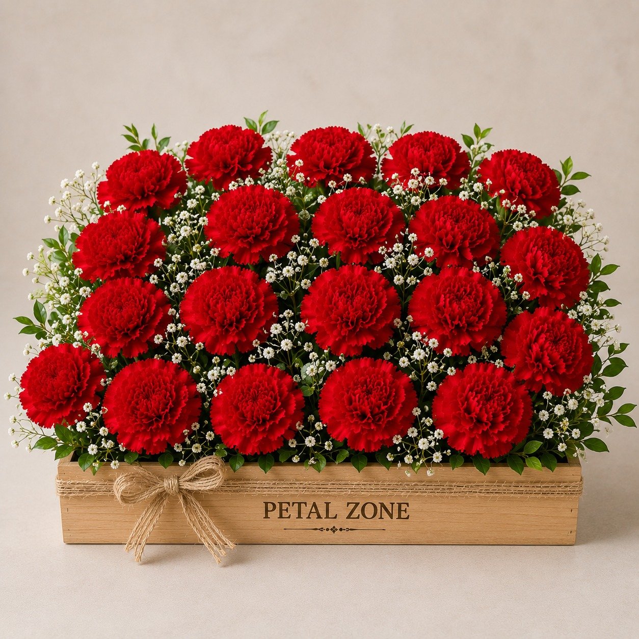 Eighteen Petals of Passion – 18 Red Carnations Wooden Tray