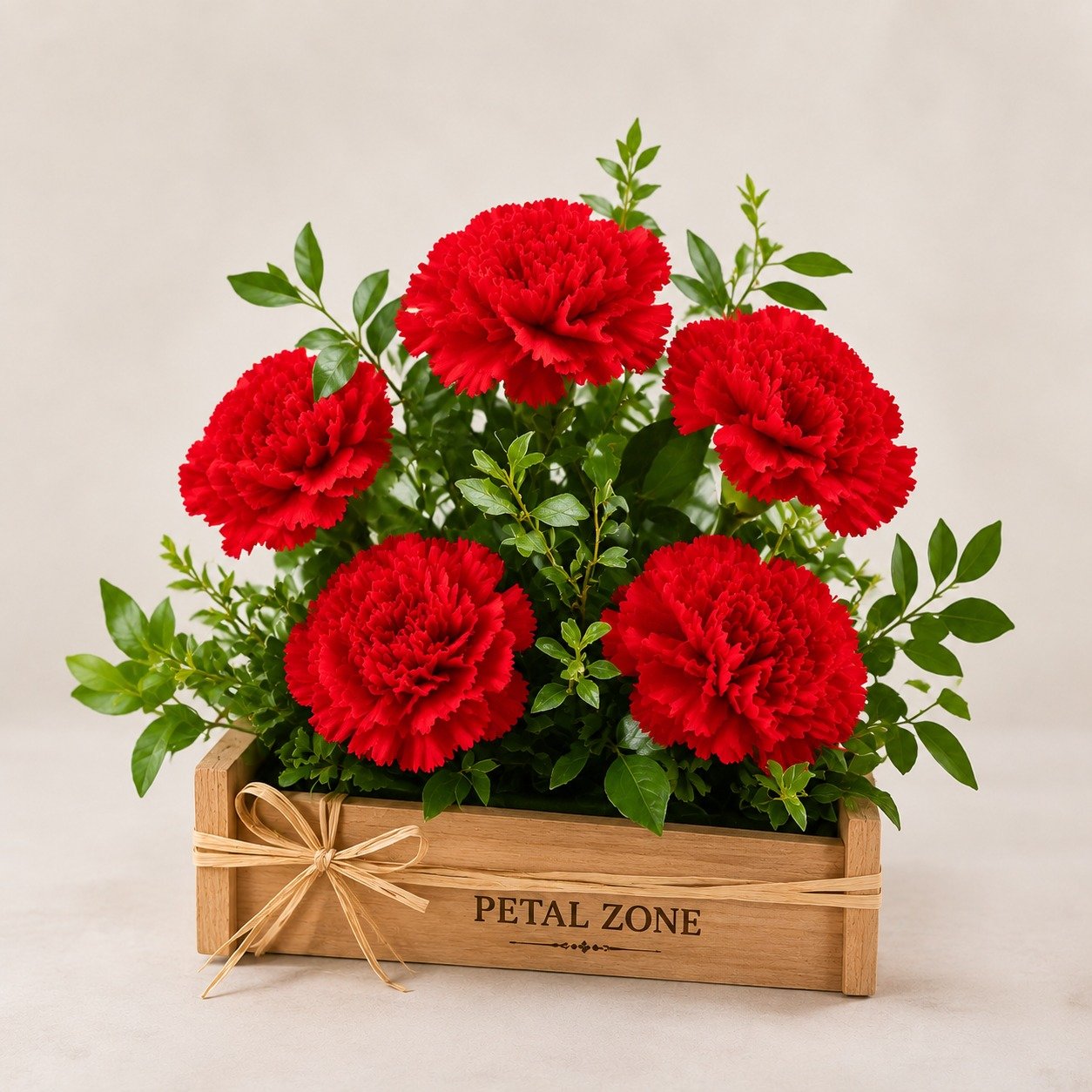 A Tray of Scarlet Affection – 5 Red Carnations Wooden Tray