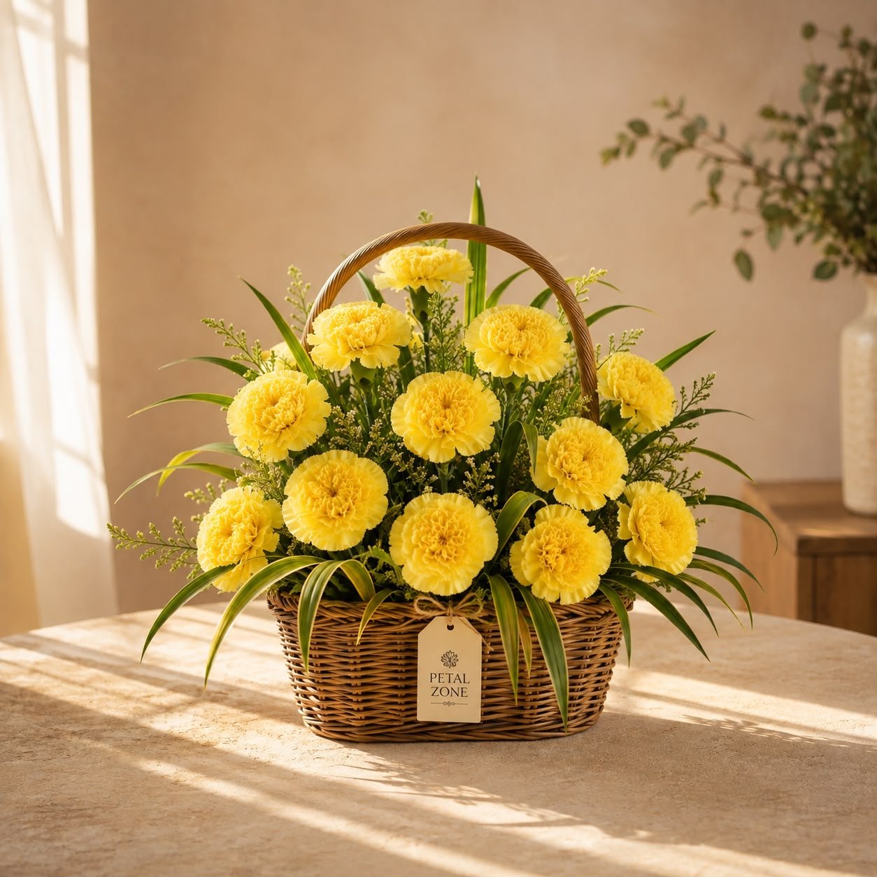 A Dozen Rays of Joy – 12 Yellow Carnations Basket