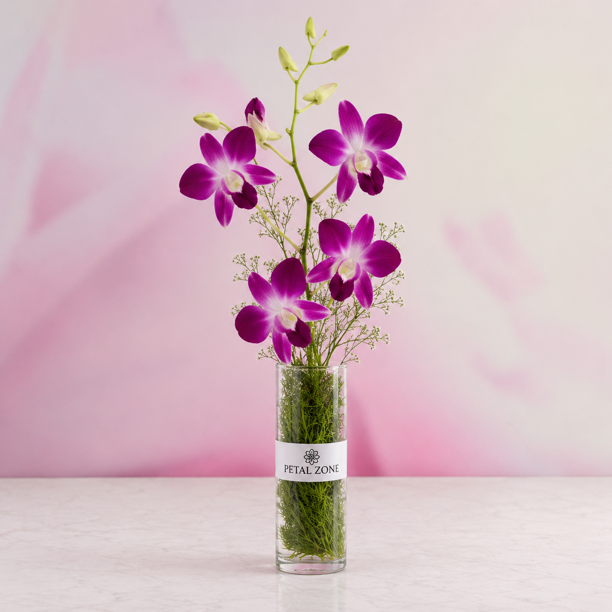Petals of Royal Charm – 5 Purple Orchids Vase