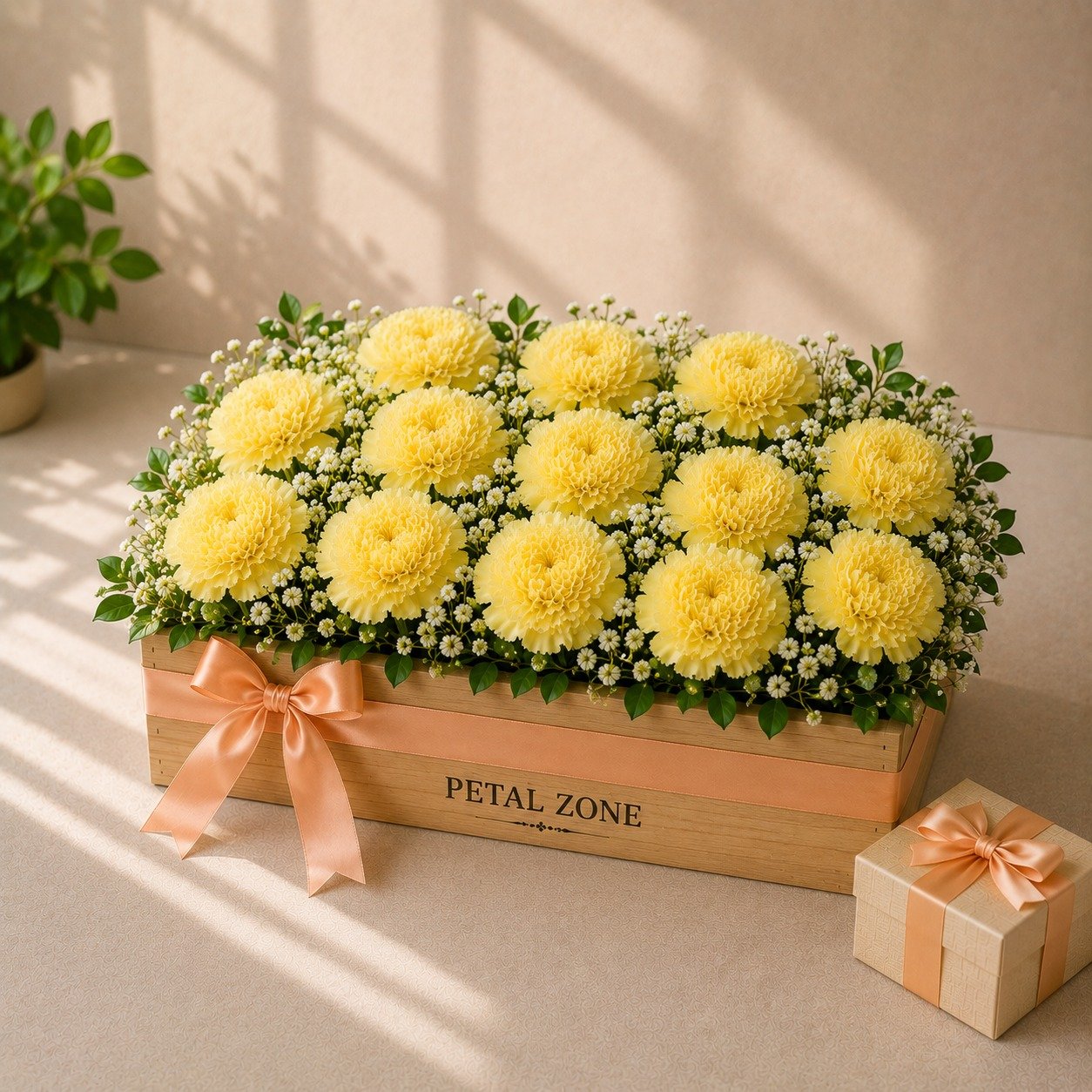 A Dozen Rays of Joy – 12 Yellow Carnations Wooden Tray