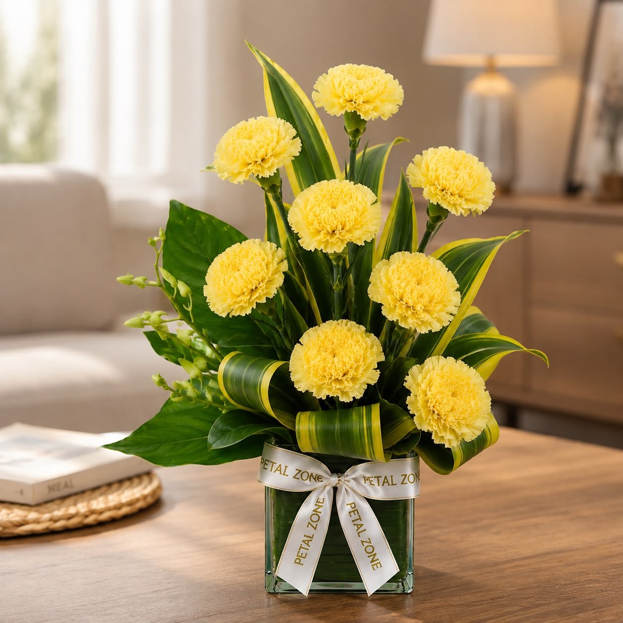 Golden Cheer in Bloom – 8 Yellow Carnations Vase