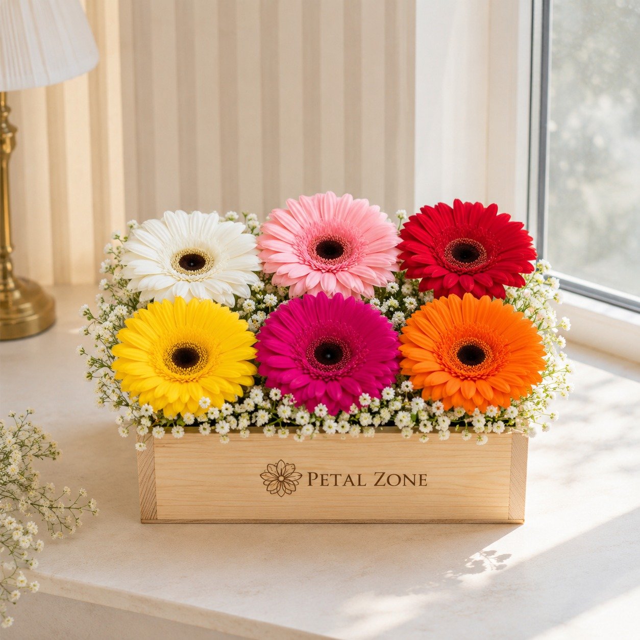 Rainbow Blooms of Happiness – 12 Multicolour Gerberas Wooden Tray