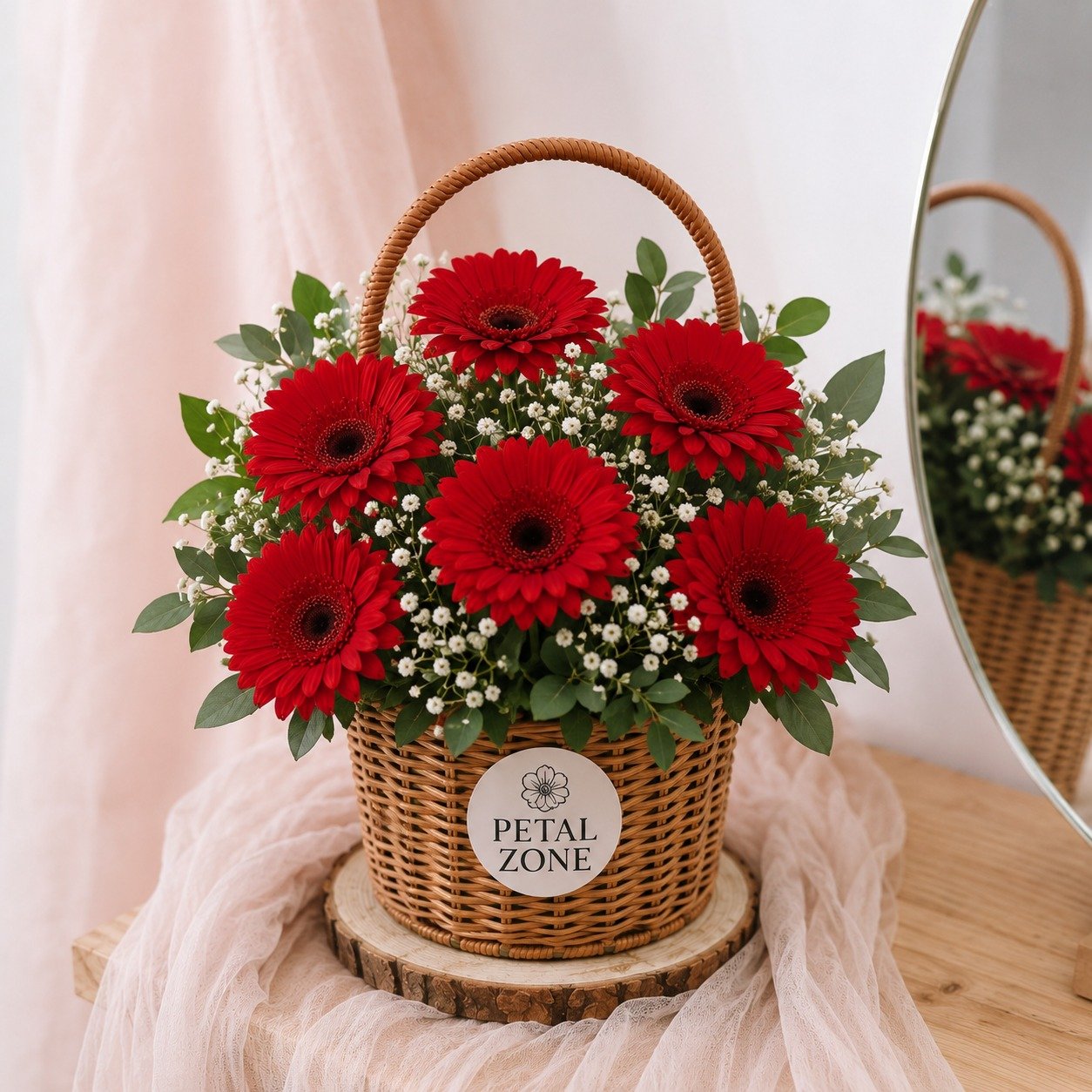 Seven Blooms of Crimson Love – 7 Red Gerberas Basket