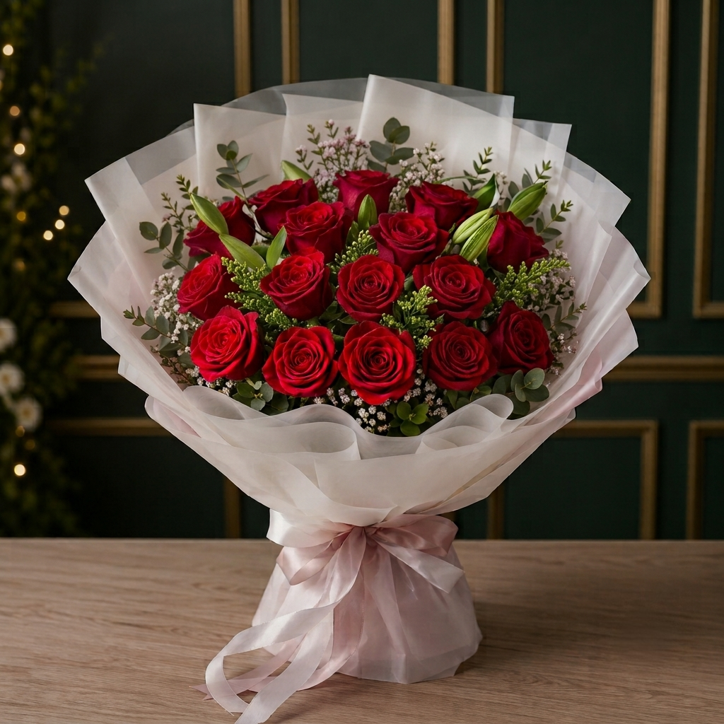 Elegant Fresh Rose Flower Flat Bouquet