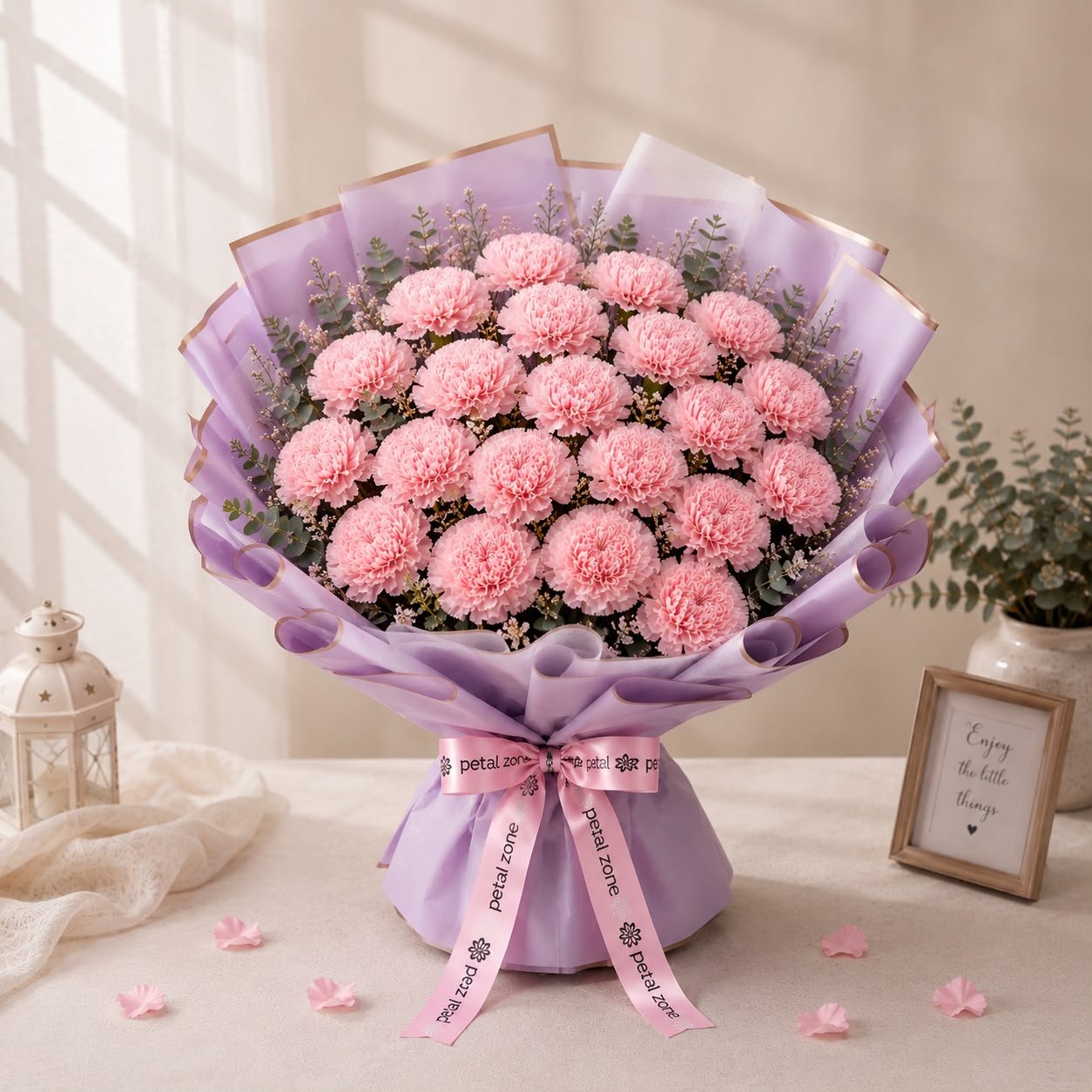 A Garden of Blush & Grace – 25 Pink Carnations Flat Bouquet