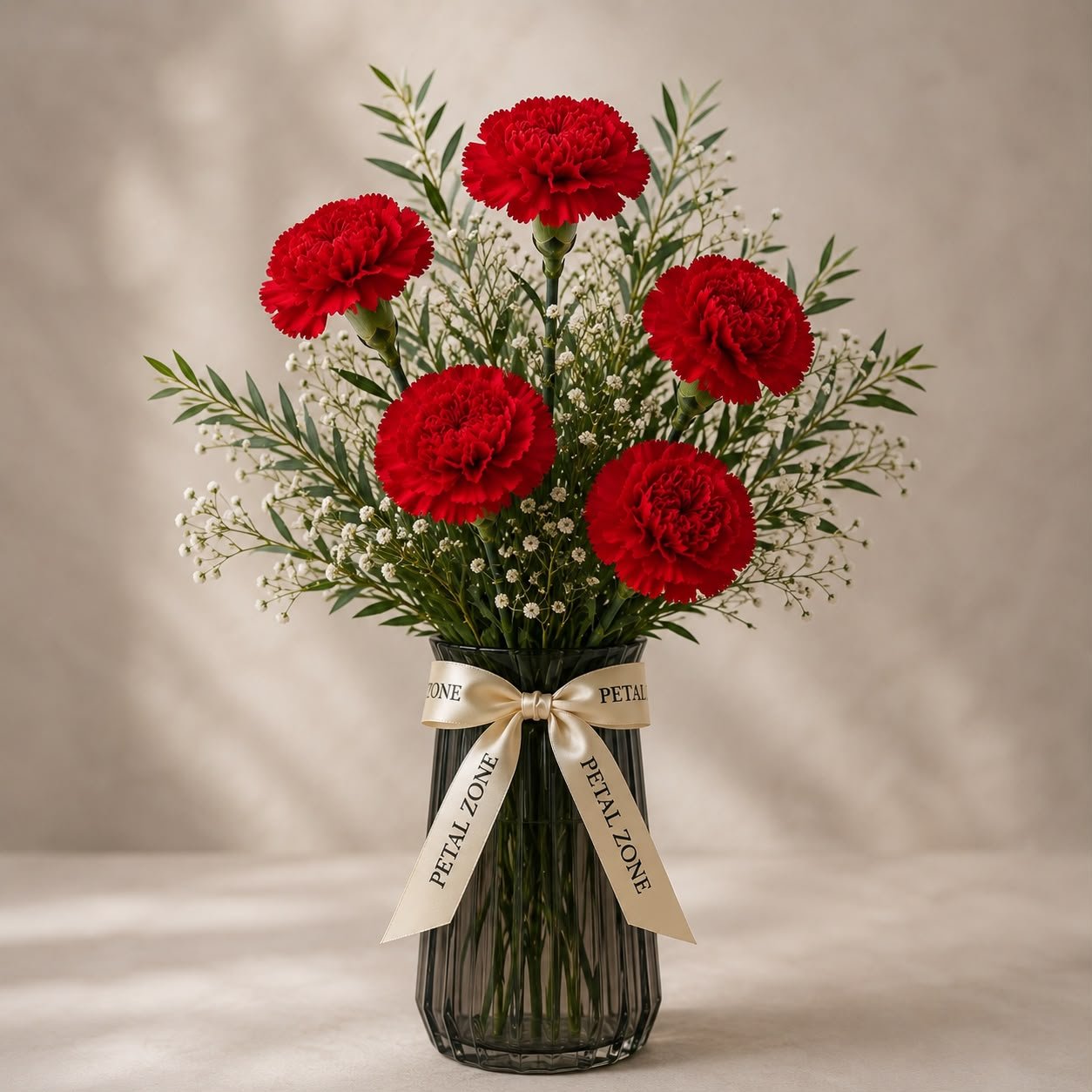 Crimson Petals of Love – 5 Red Carnations Vase