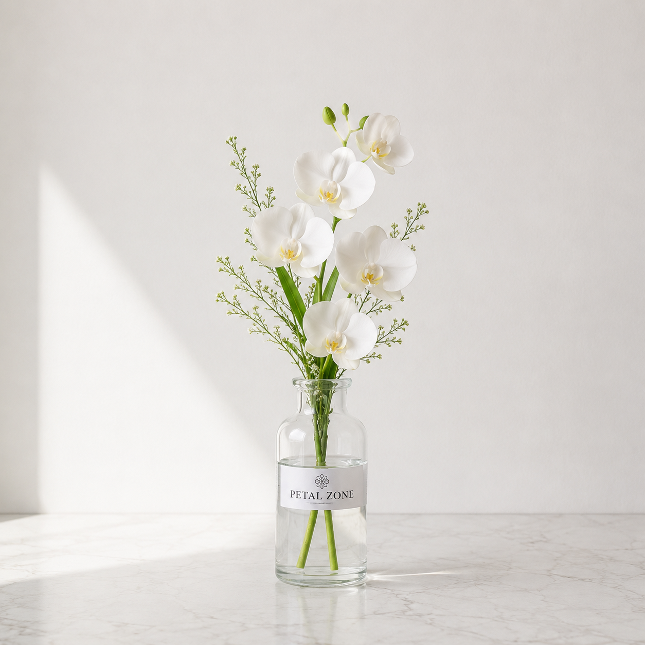 Petals of Pure Elegance – 5 White Orchids Vase