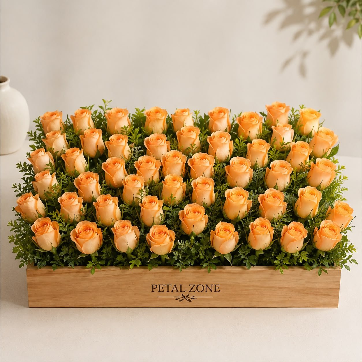 A Grand Tray of Golden Joy – 50 Orange Roses Wooden Tray