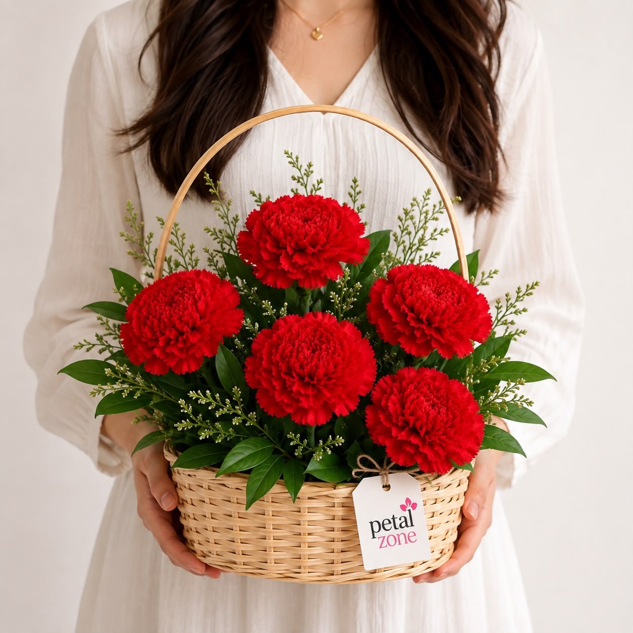 A Basket of Scarlet Romance – 5 Red Carnations Basket 2