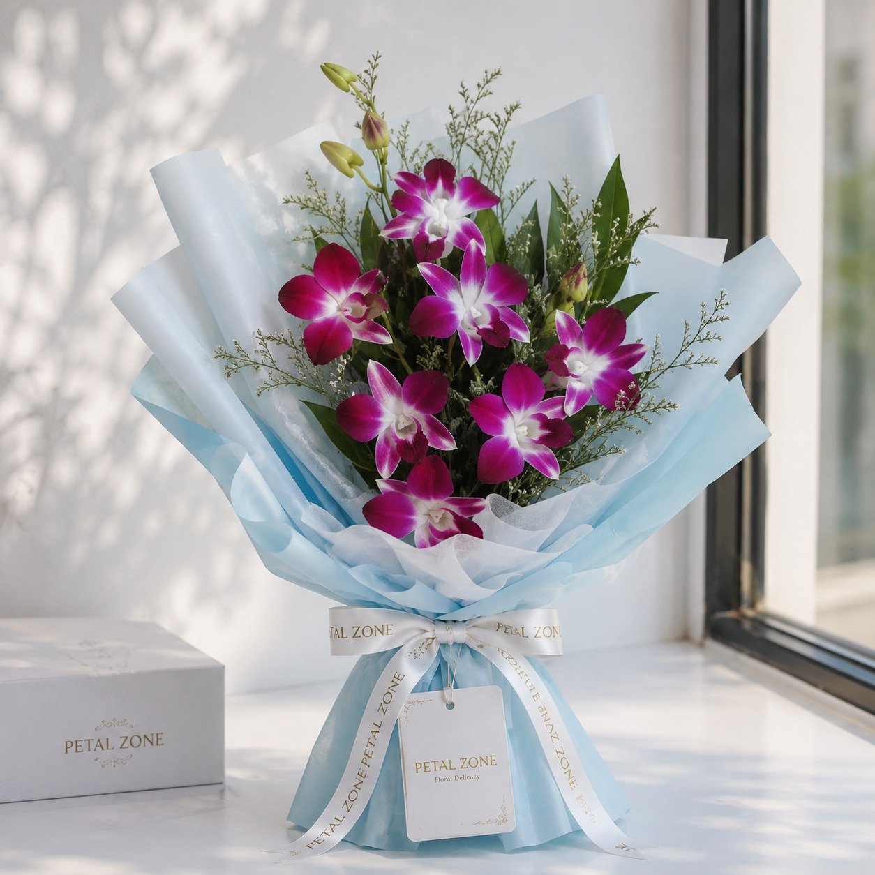 A Cascade of Purple Elegance – 10 Purple Orchids One-Sided Bouquet 2