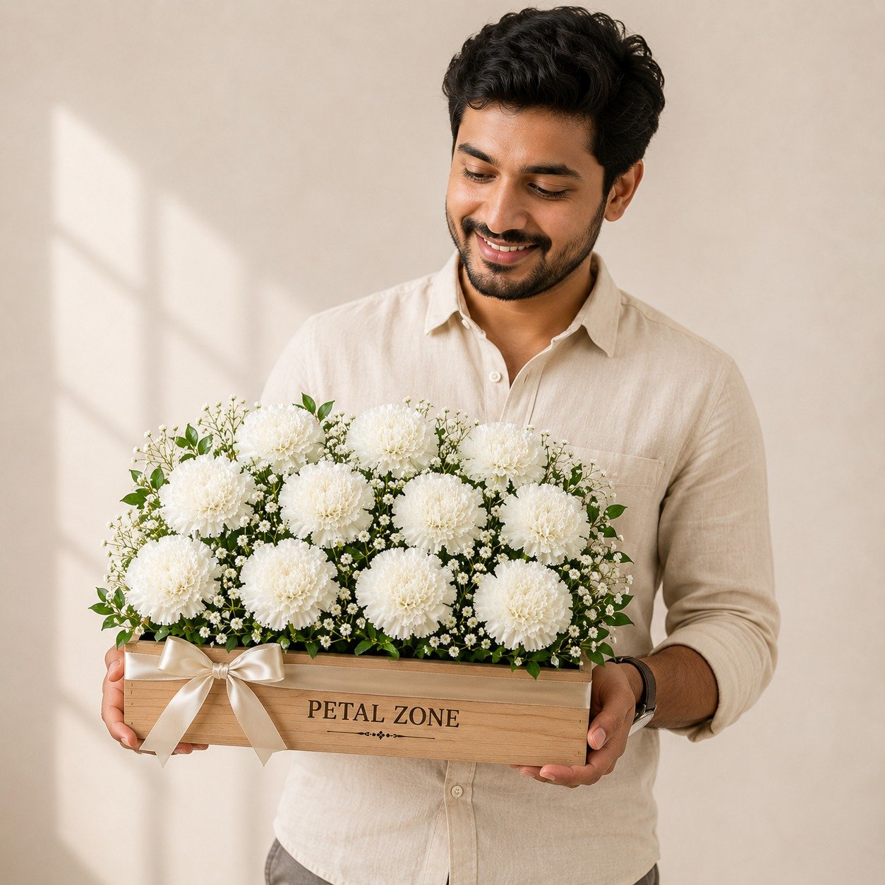 A Dozen Petals of Elegance – 12 White Carnations Wooden Tray 2