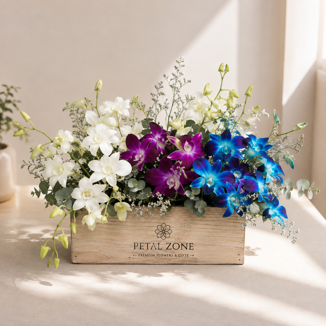 A Trio of Timeless Blooms – 9 Purple, White & Blue Orchids Wooden Tray 2