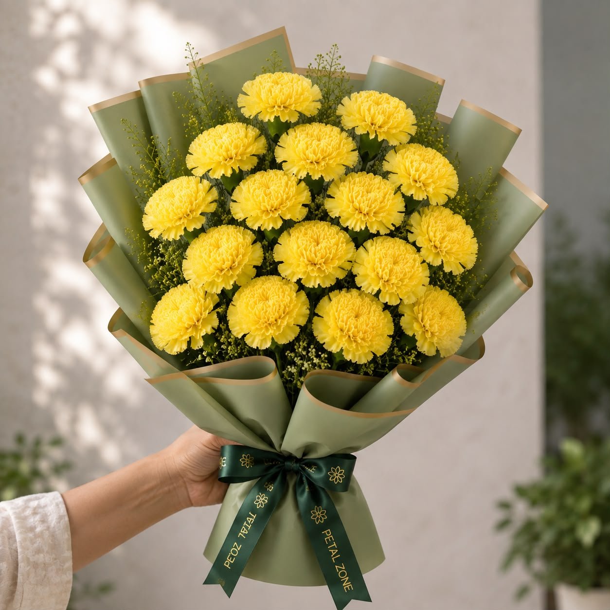 Eighteen Blooms of Joy – 18 Yellow Carnations Flat Bouquet 2