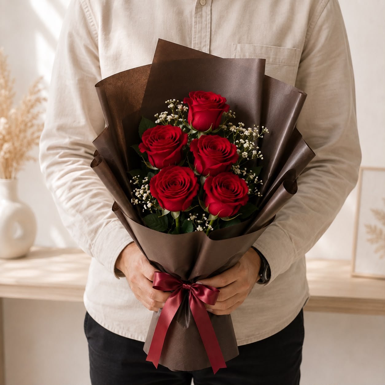 Elegant Fresh 5 Rose Flower Flat Bouquet 2
